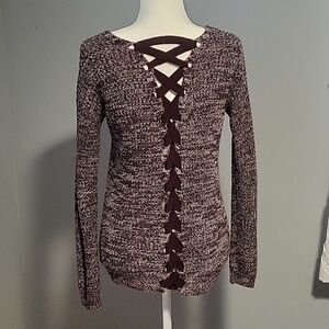 SO V-Neck Lace-Up Back Detail Maroon and White Sweater - Size XS